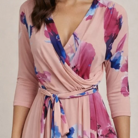 Pink Blush Wrap Maxi Dress Pink Floral Long Wedding Guest Large - Picture 2 of 7